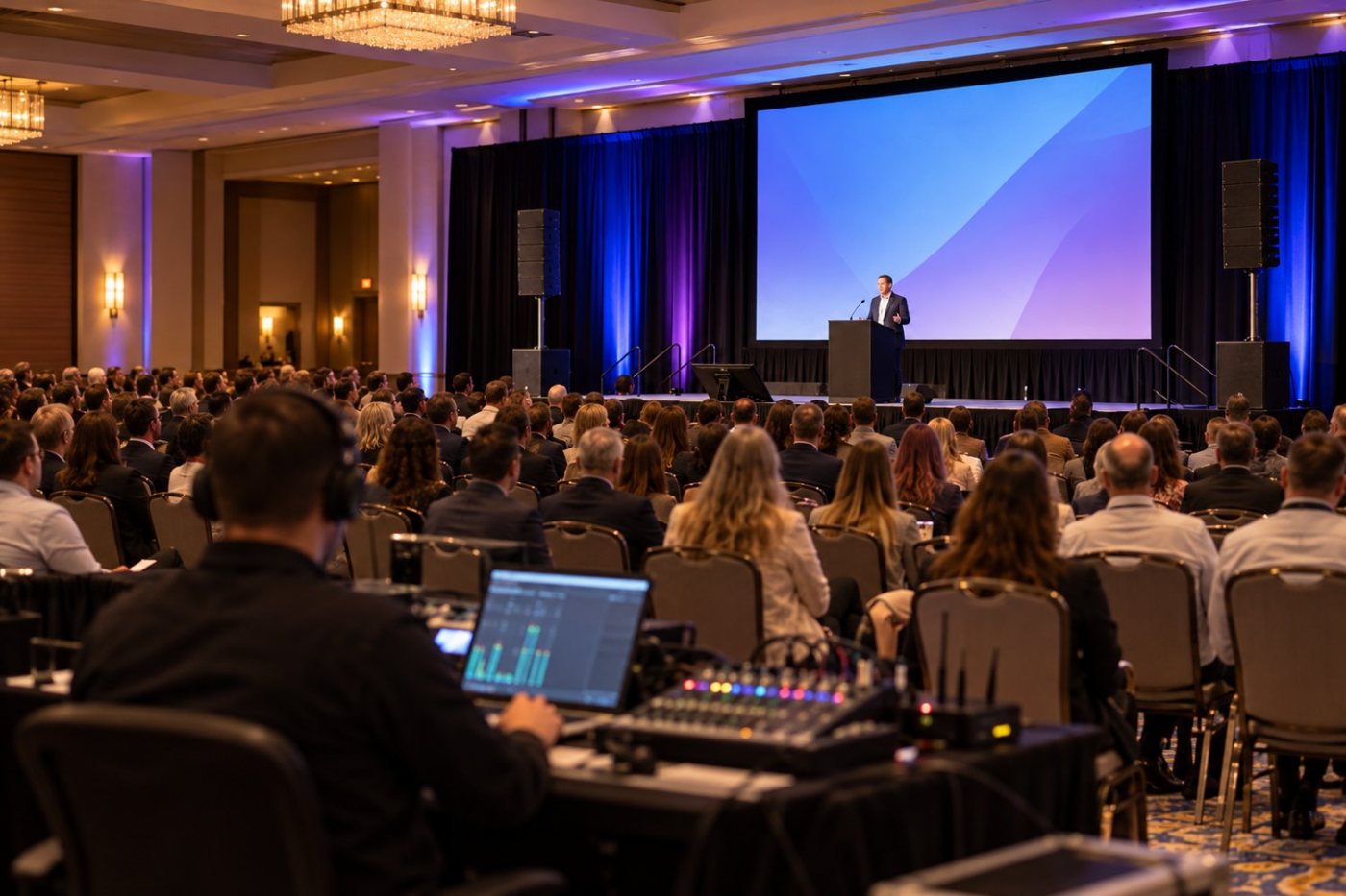 AV Conference package: speaker at a podium with a large screen and an AV technician at the sound desk