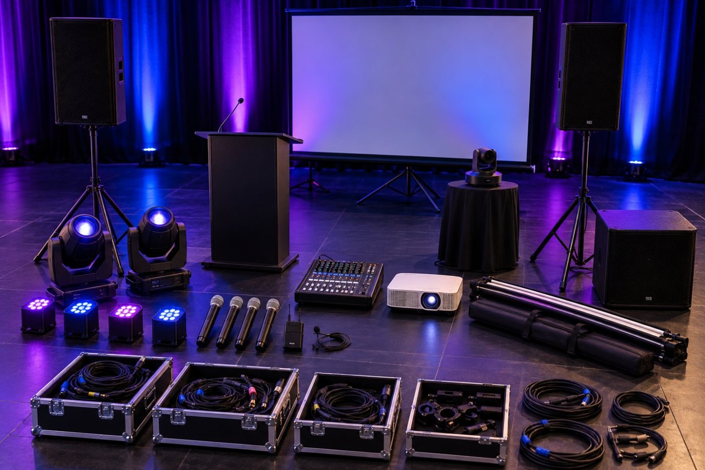 AV equipment laid out to choose from: speakers, mics, mixer, projector, podium and lights
