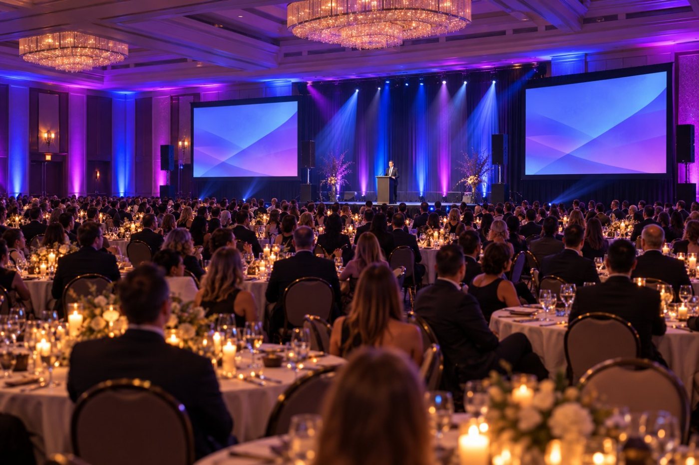 AV Gala package: ballroom gala with two screens, uplighting and stage lighting