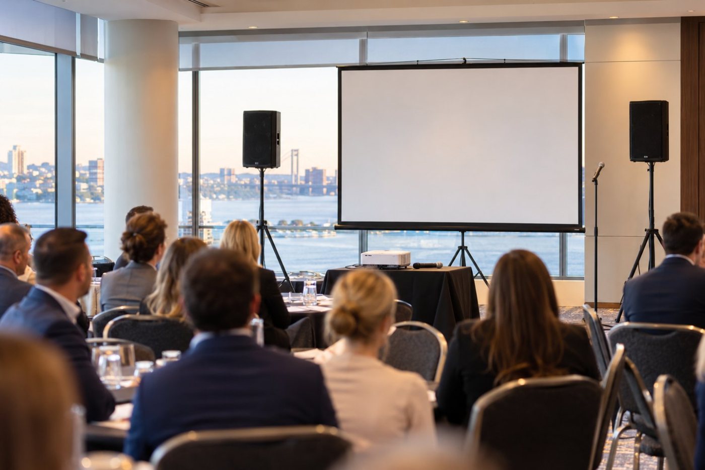 AV Meeting package: projector screen and two speakers in a Halifax boardroom