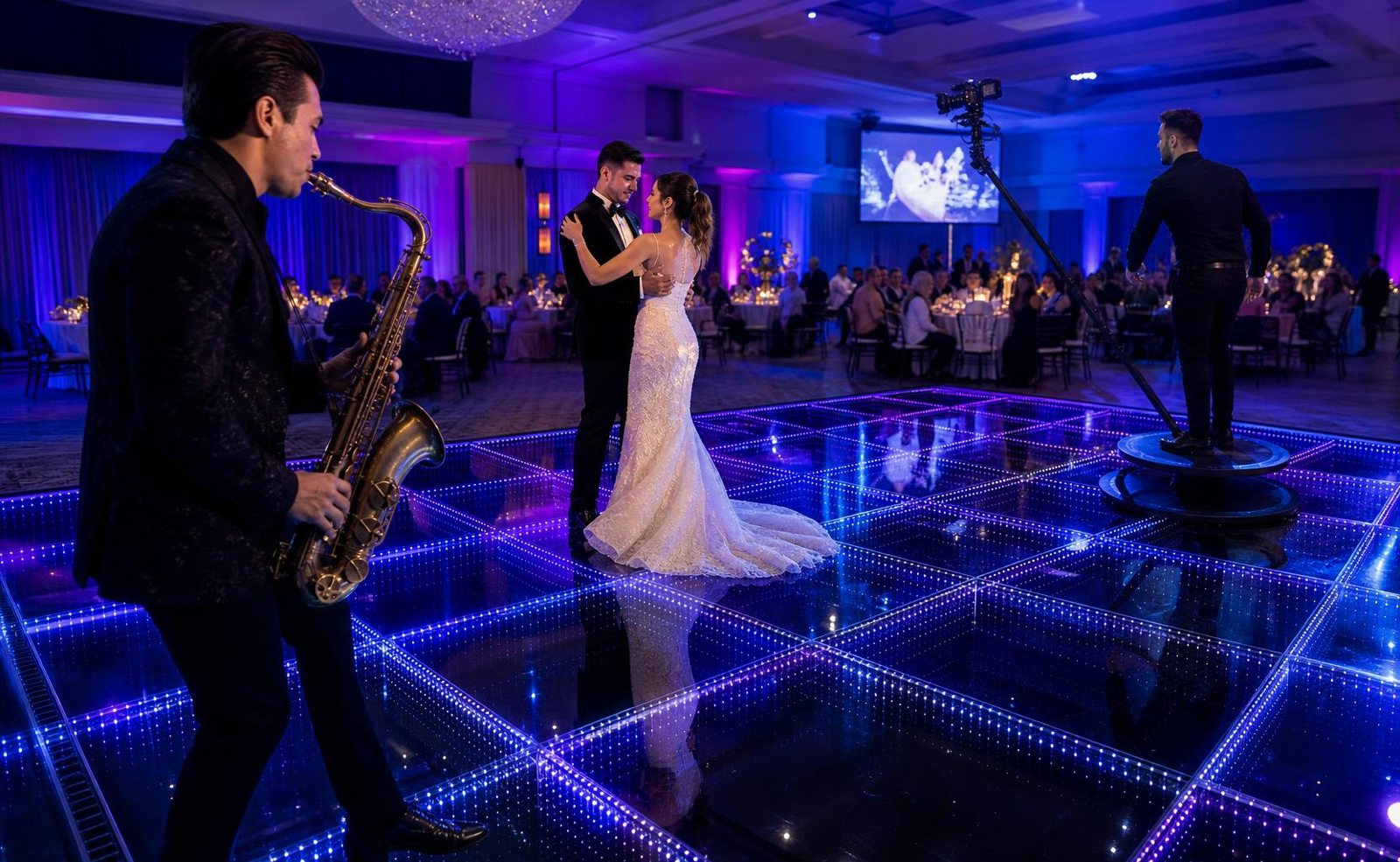 Ballroom with enhanced lighting and LED dance floor
