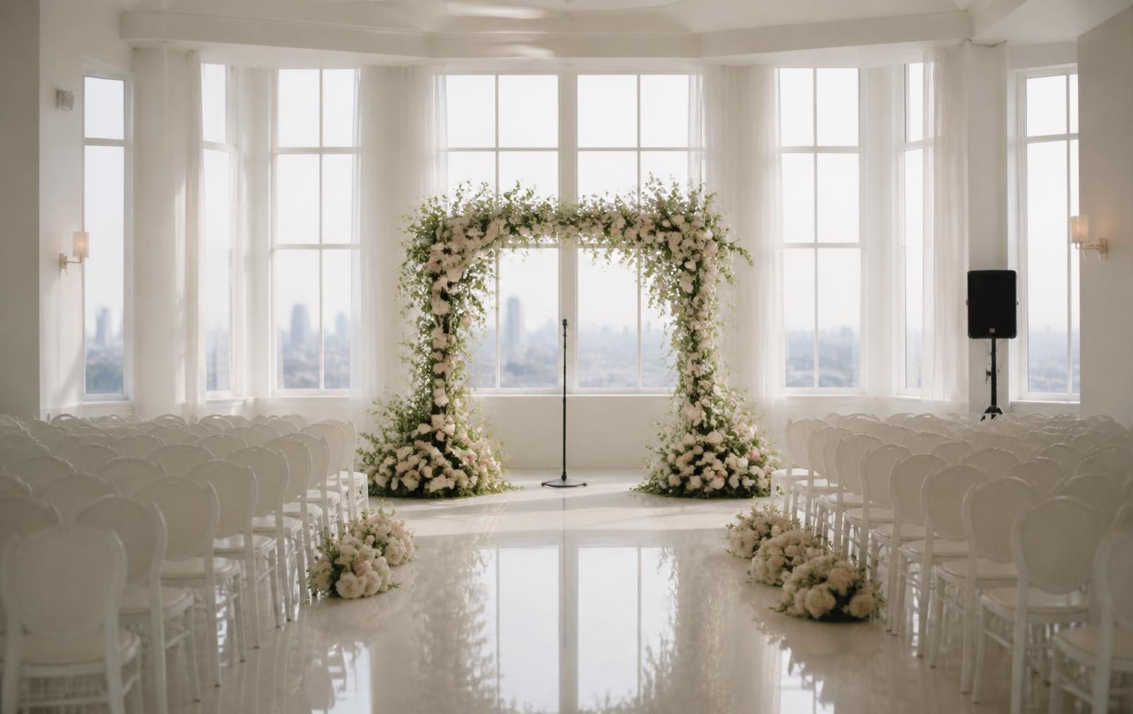 Ceremony set up with florals and a dedicated sound system