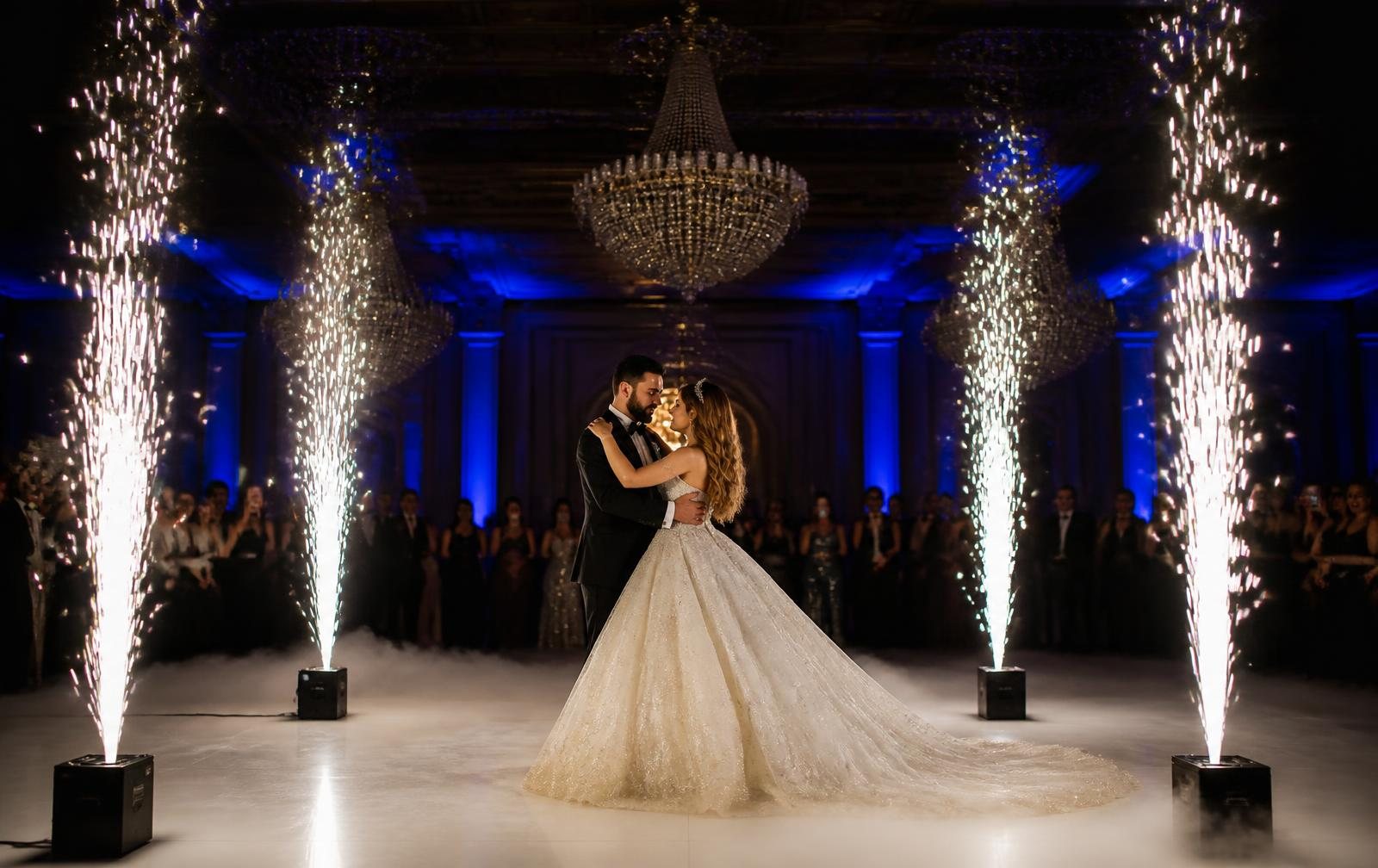 Cold sparks and uplighting during an Arabic wedding first dance