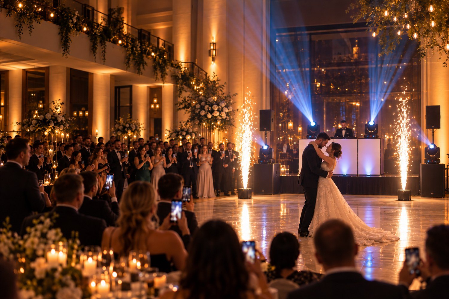 Couple's first dance between two cold spark fountains