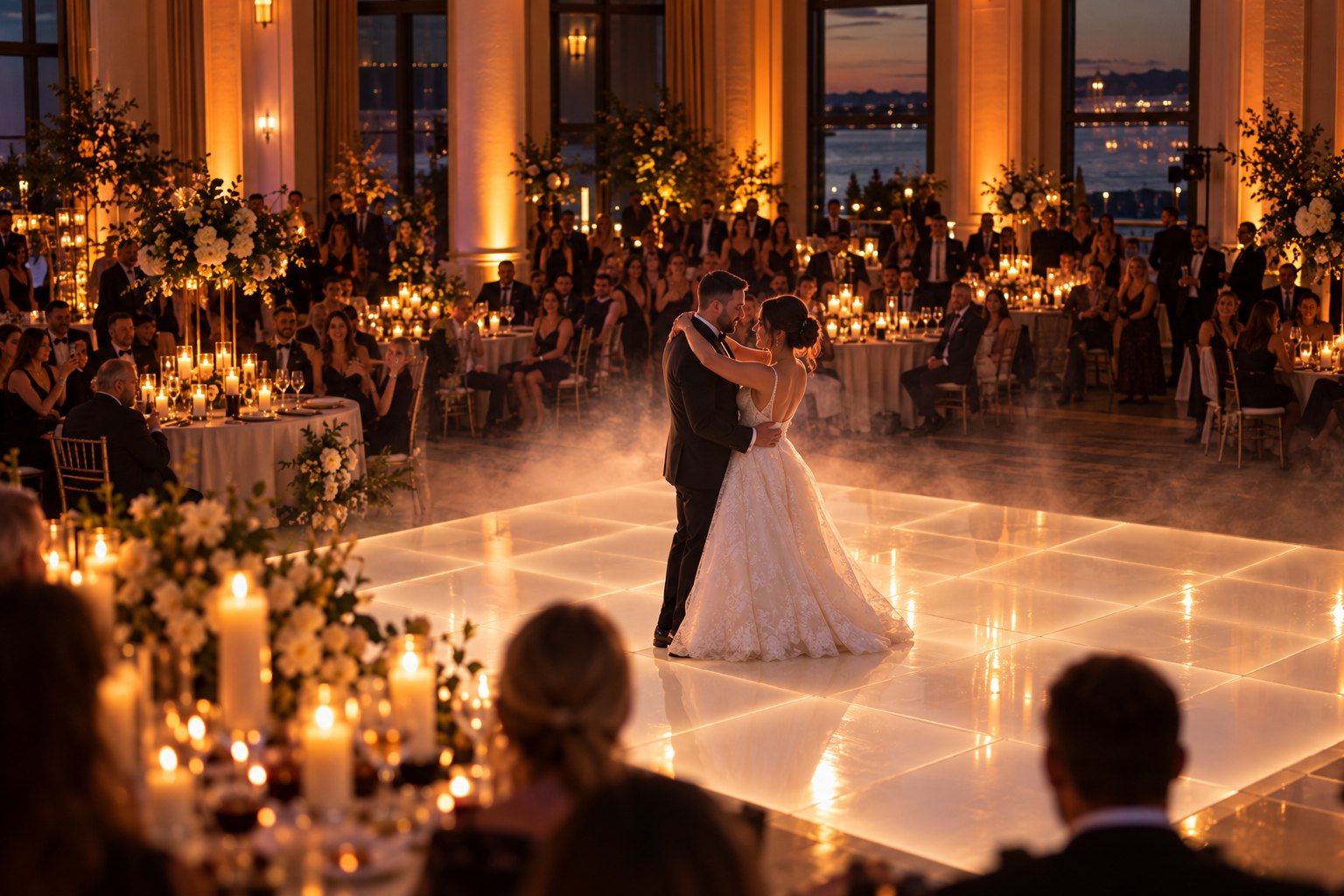 Couple's first dance on a glowing white LED dance floor