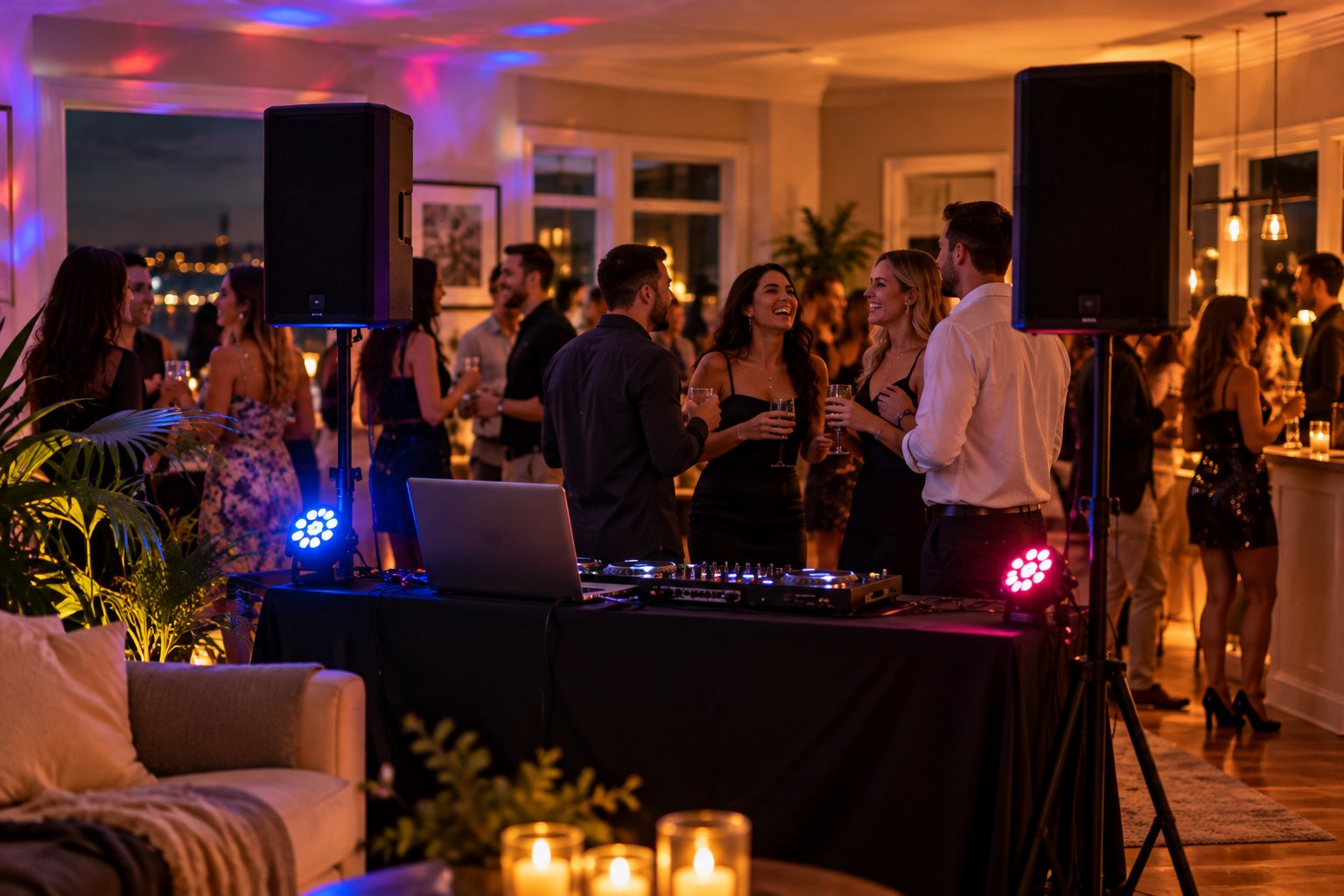DIY DJ kit with speakers and a mic at a backyard party