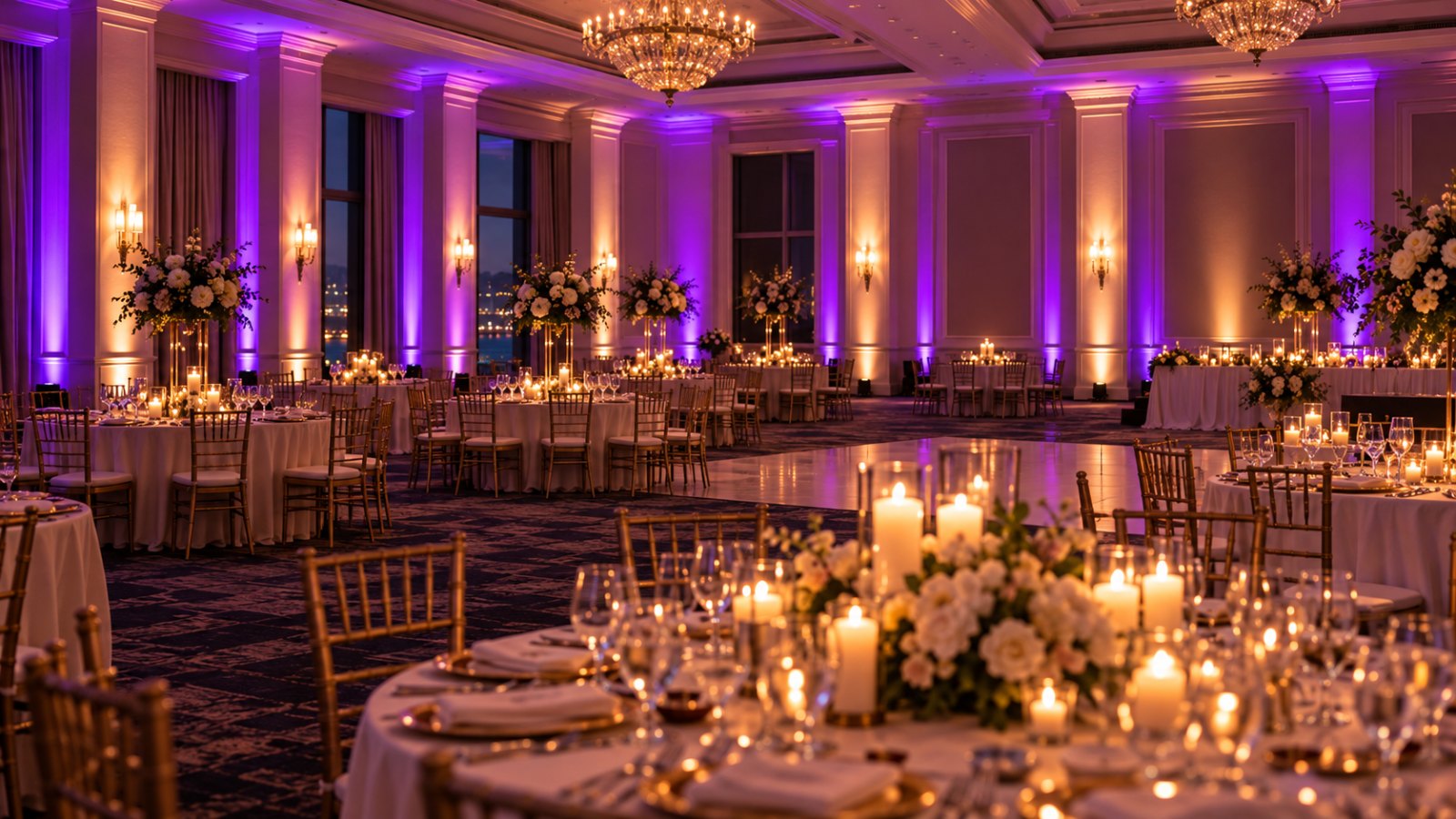 Ballroom washed in uplighting