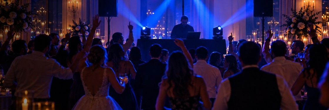 Essential package: guests dancing at a wedding reception in front of the DJ booth