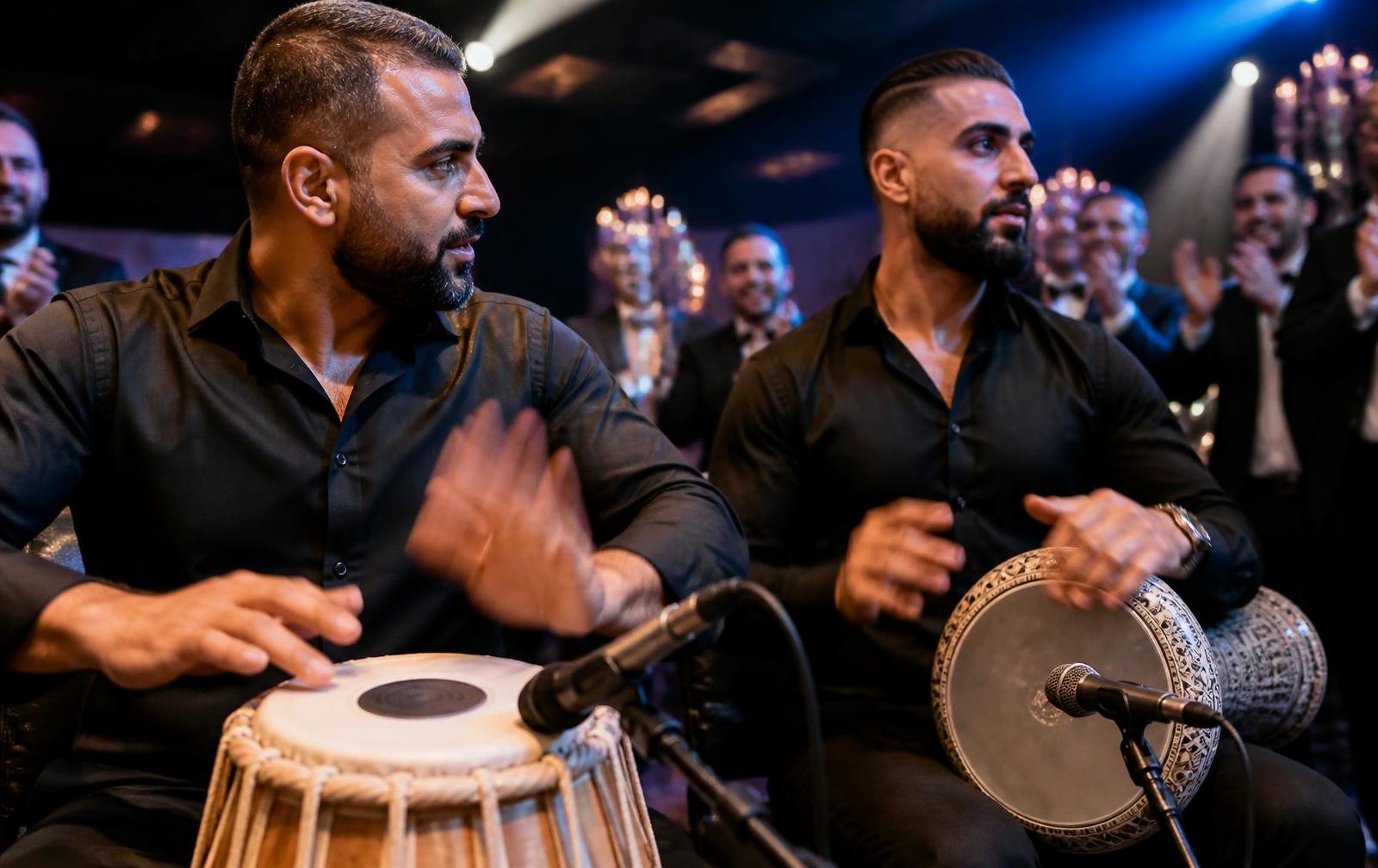 Live Arabic percussionists leading a grand wedding entrance