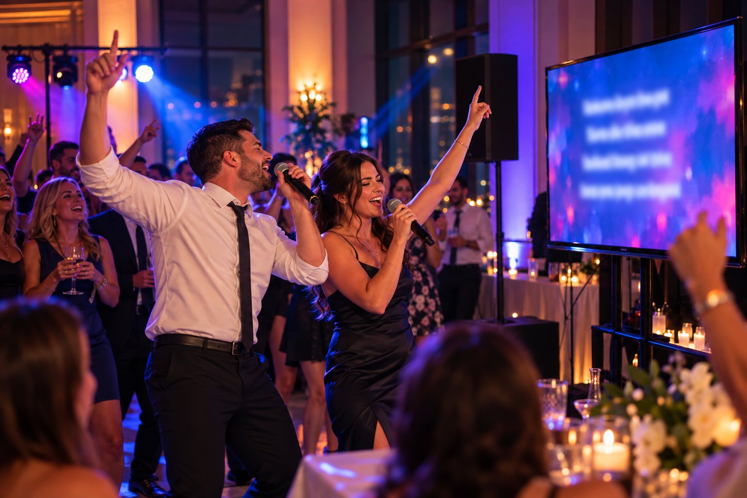 Guests singing karaoke at a party