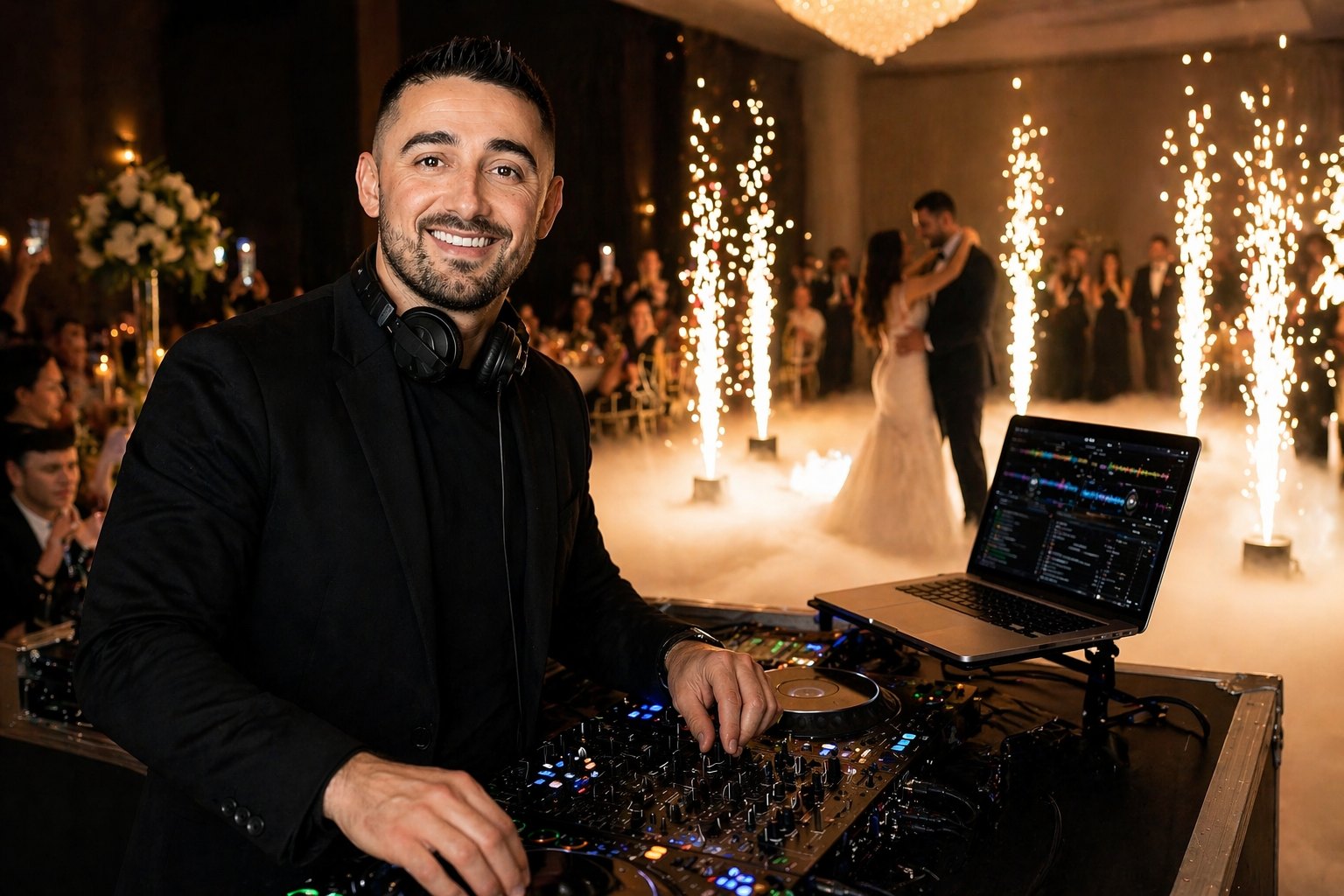 True North President Jasko Razic at the DJ controller with cold sparks and a first dance behind him