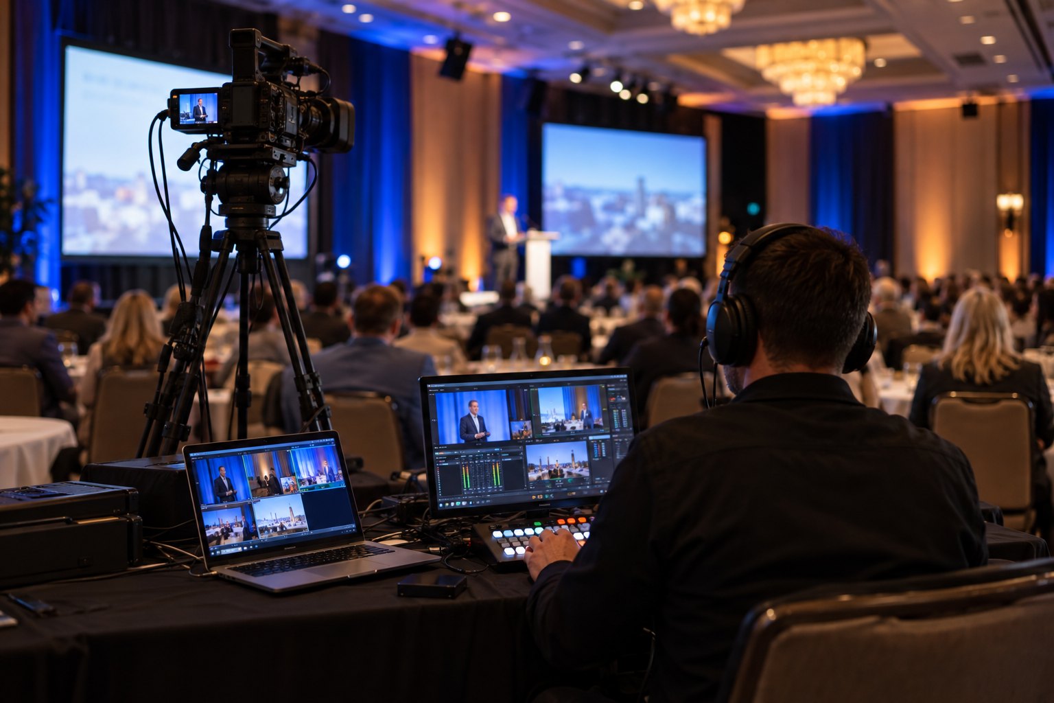 Live streaming technician with a camera, laptop and video switcher at the back of a Halifax conference room