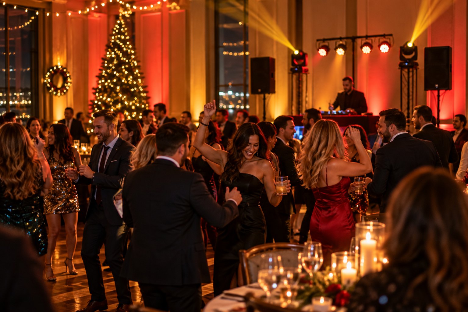 Colleagues dancing at a corporate holiday party in a decorated Halifax ballroom with a DJ booth and Christmas tree