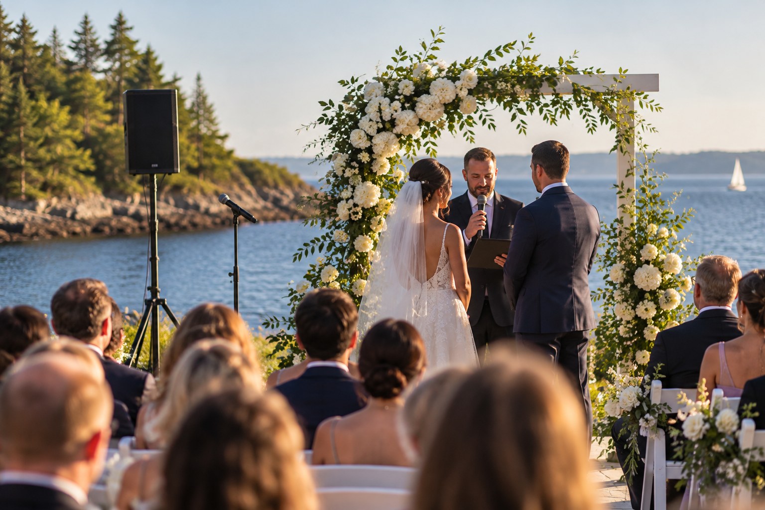 Outdoor ceremony sound with a compact speaker and mic by a floral arch