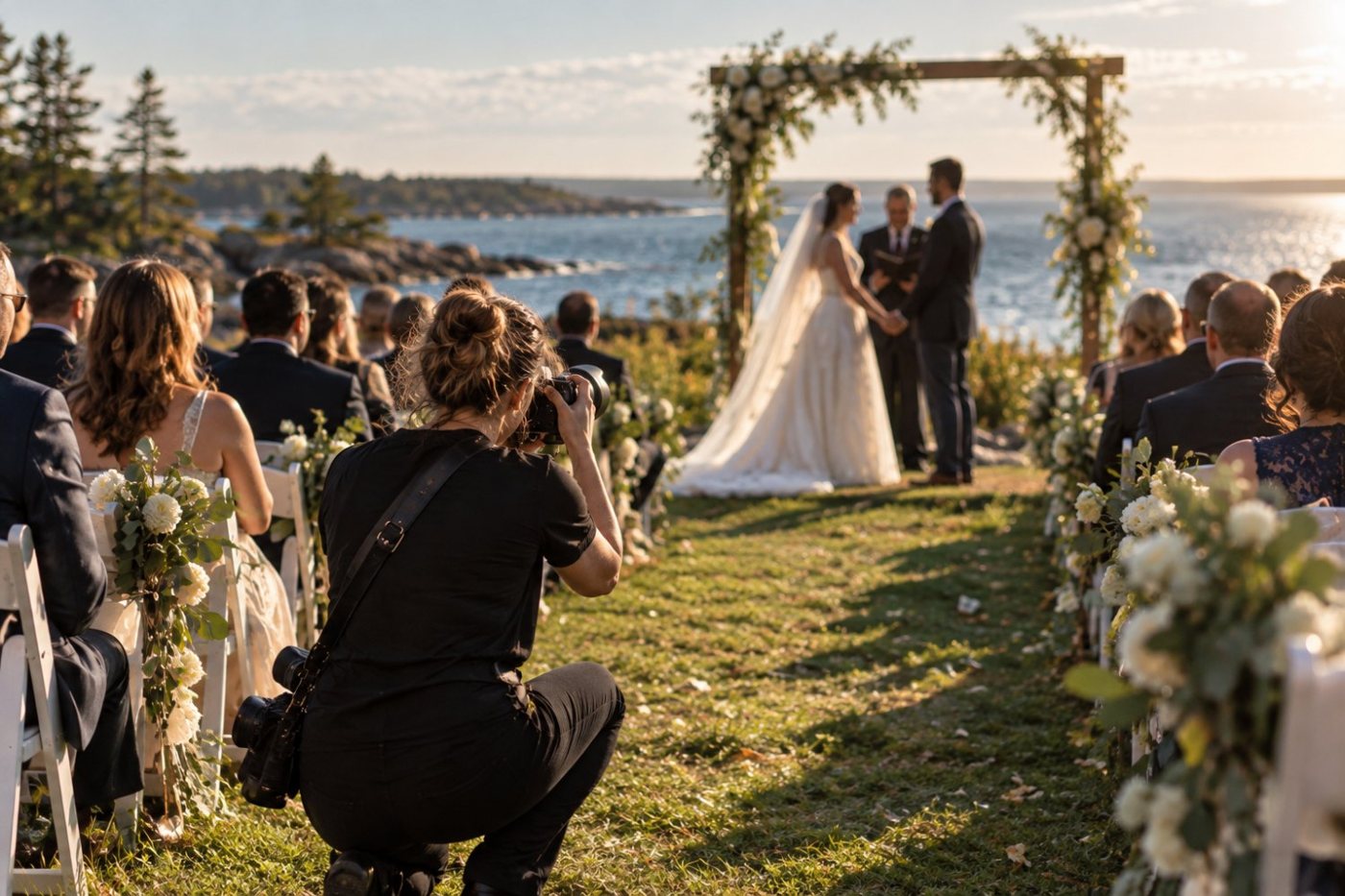 Photographer capturing a seaside wedding ceremony in Nova Scotia