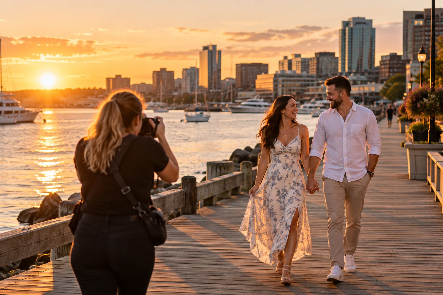 Photographer capturing an engagement session on the Halifax waterfront boardwalk at sunset