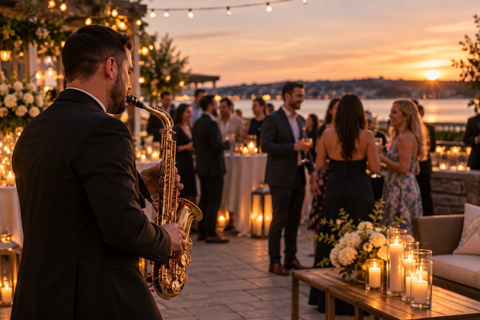 Saxophonist playing at a candlelit cocktail hour