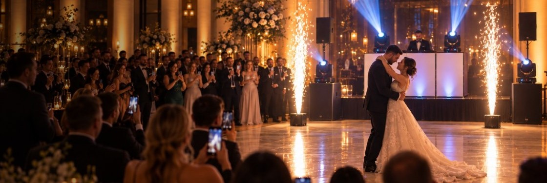 Showstopper package: first dance between two cold spark fountains, with subwoofers and moving-head lights