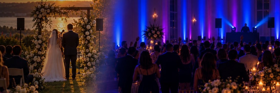 Signature package: sunset ceremony with speakers and a mic, blending into an uplit reception