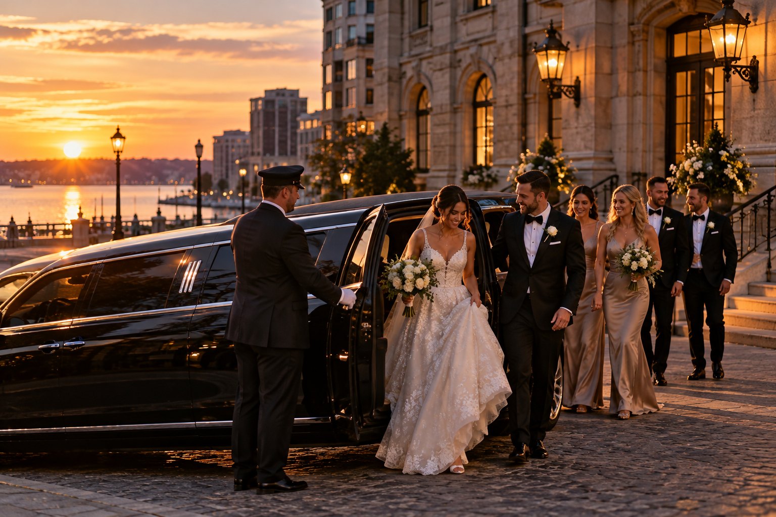 Stretch limousine and party bus outside a Halifax venue