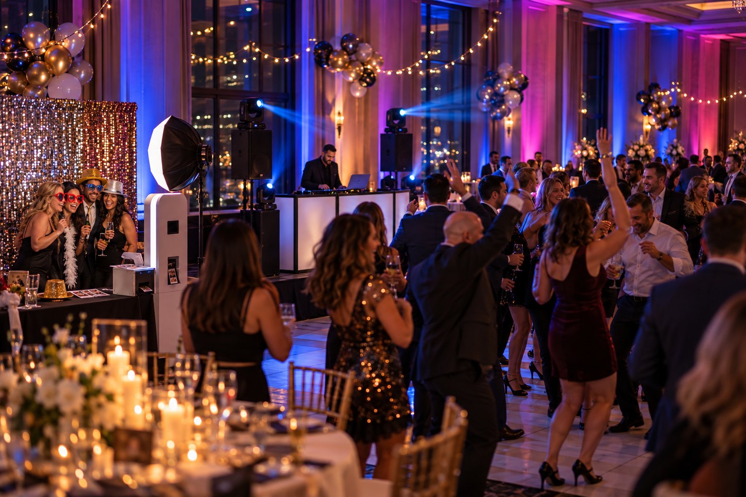 Staff at a company holiday party dancing in front of a True North DJ