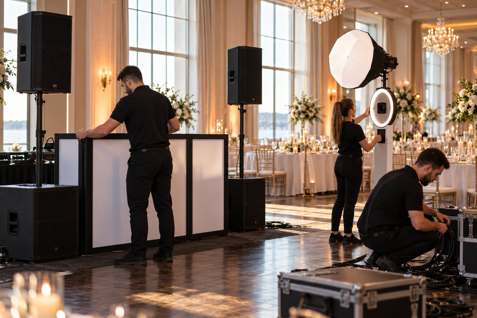 True North event crew setting up a DJ booth, speakers and a photo booth before a wedding reception