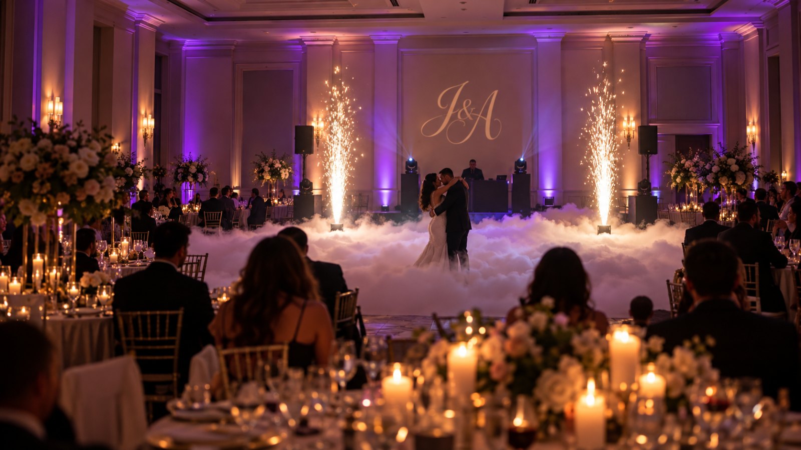 Uplighting, low fog, cold sparks and a monogram at a wedding reception