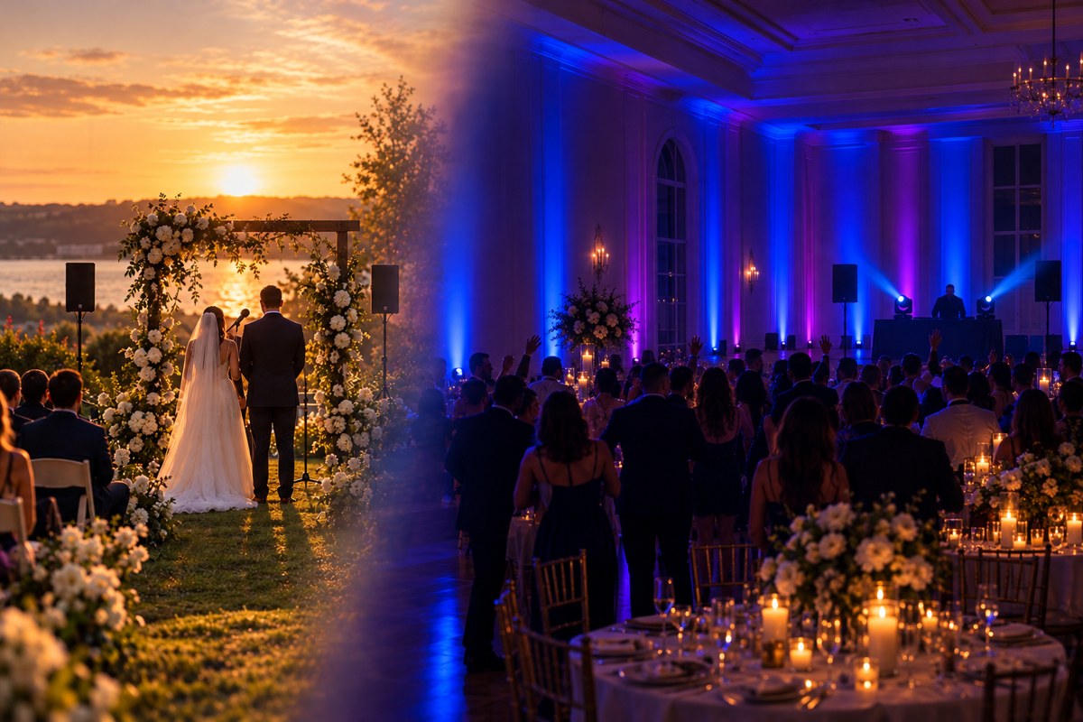 Sunset wedding ceremony blending into an uplit reception